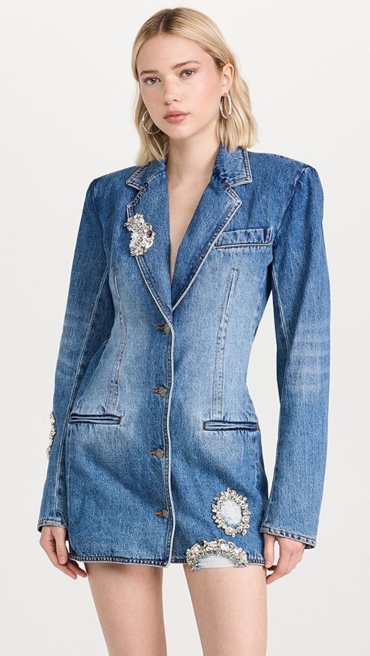 AREA Distressed Crystal Blazer Dress Embellished Cut Out Denim Light Indigo Sz 4